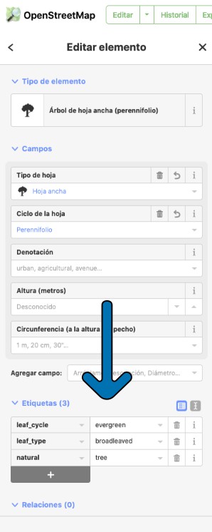 Opciones del menú Editar elemento. La flecha indica donde se encuentran la sección Etiquetas.